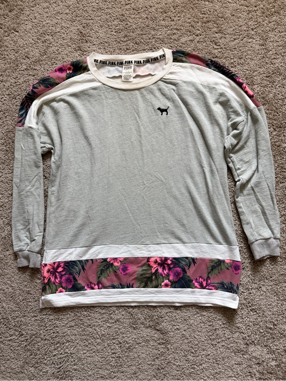 PINK Victoria's Secret Light Gray Pullover Sweater with Pink Floral Trim